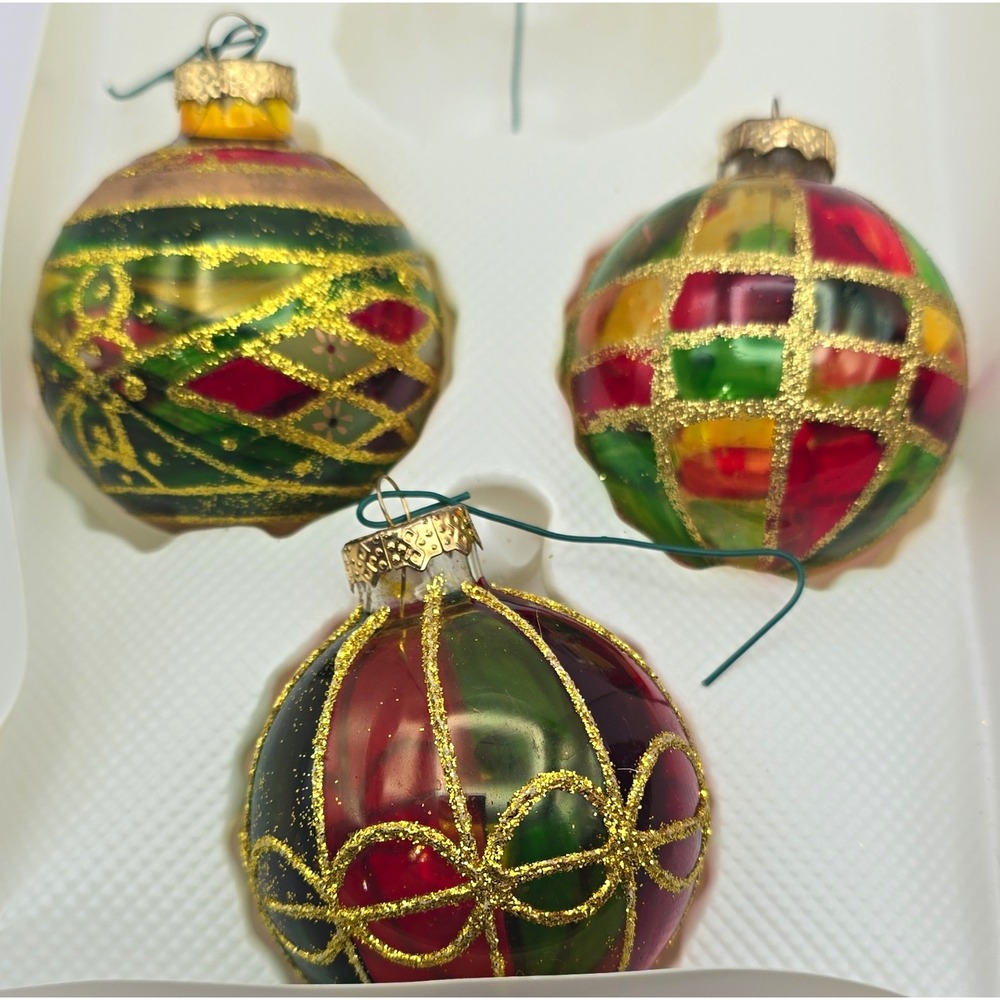 3pc Glass Christmas Ball Ornaments stained glass design multicolor vintage